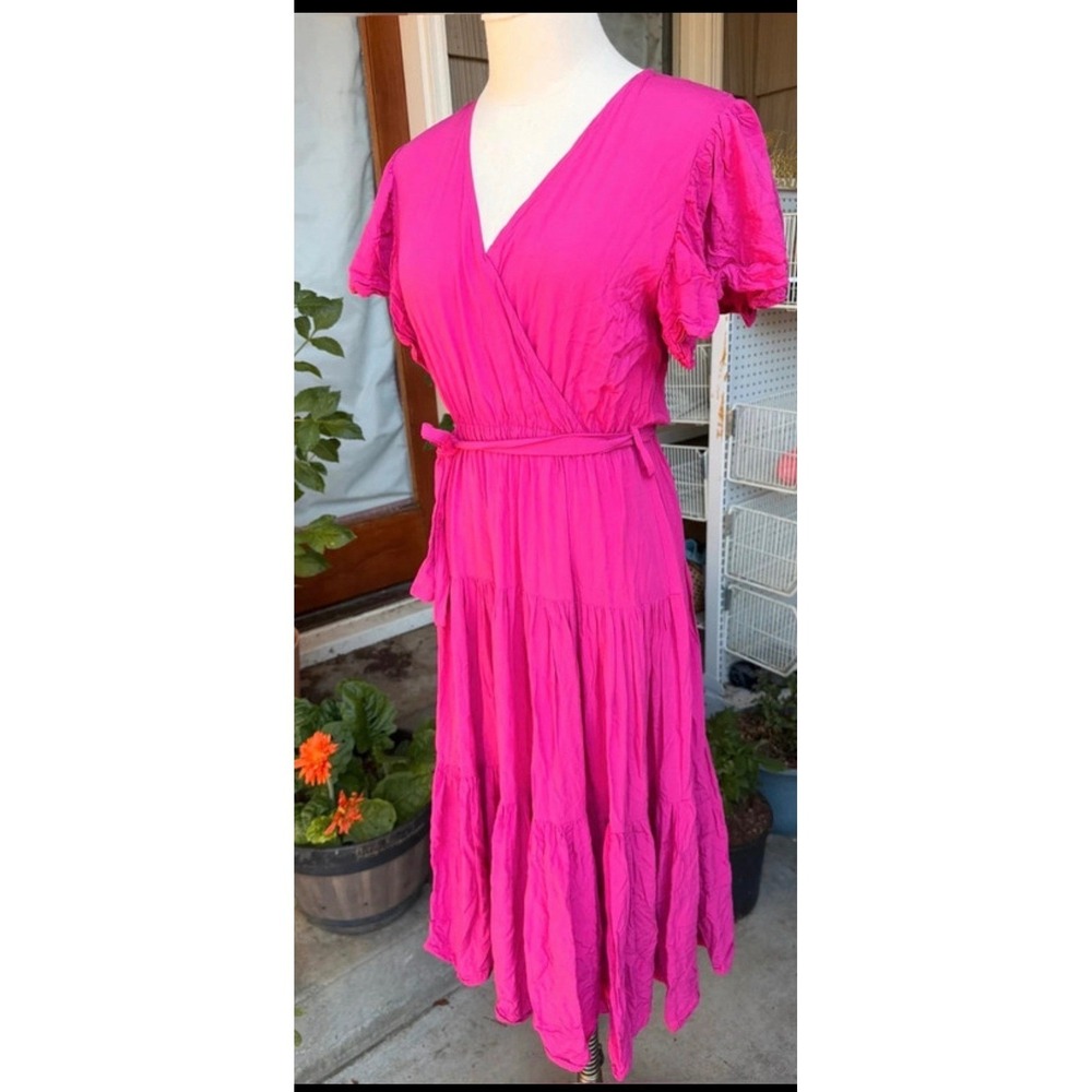 Petal + Pup Size S Pink Tiered Faux Wrap Midi Dress Flutter Sleeve Short Party